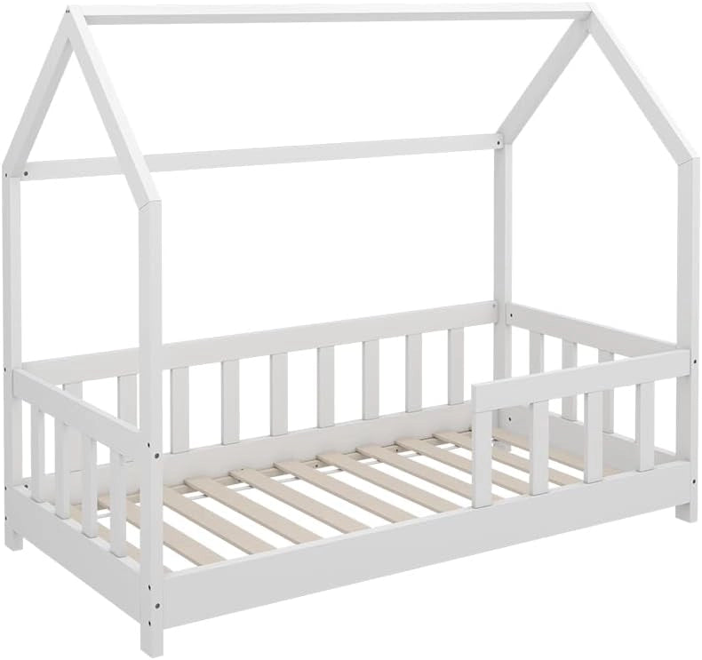 Letto montessori bambini Michelle, Bianco, 70x140 cm con protezione anticaduta, adatto per materassi 70x140 cm, combinabile con accessori