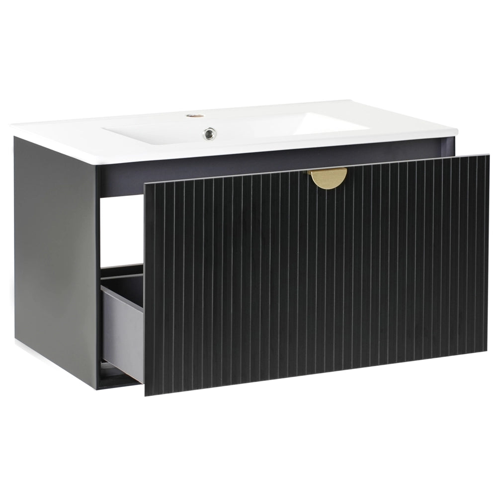 Mobiletto da parete con lavabo in legno massiccio per bagno 80 cm Nero stile moderno