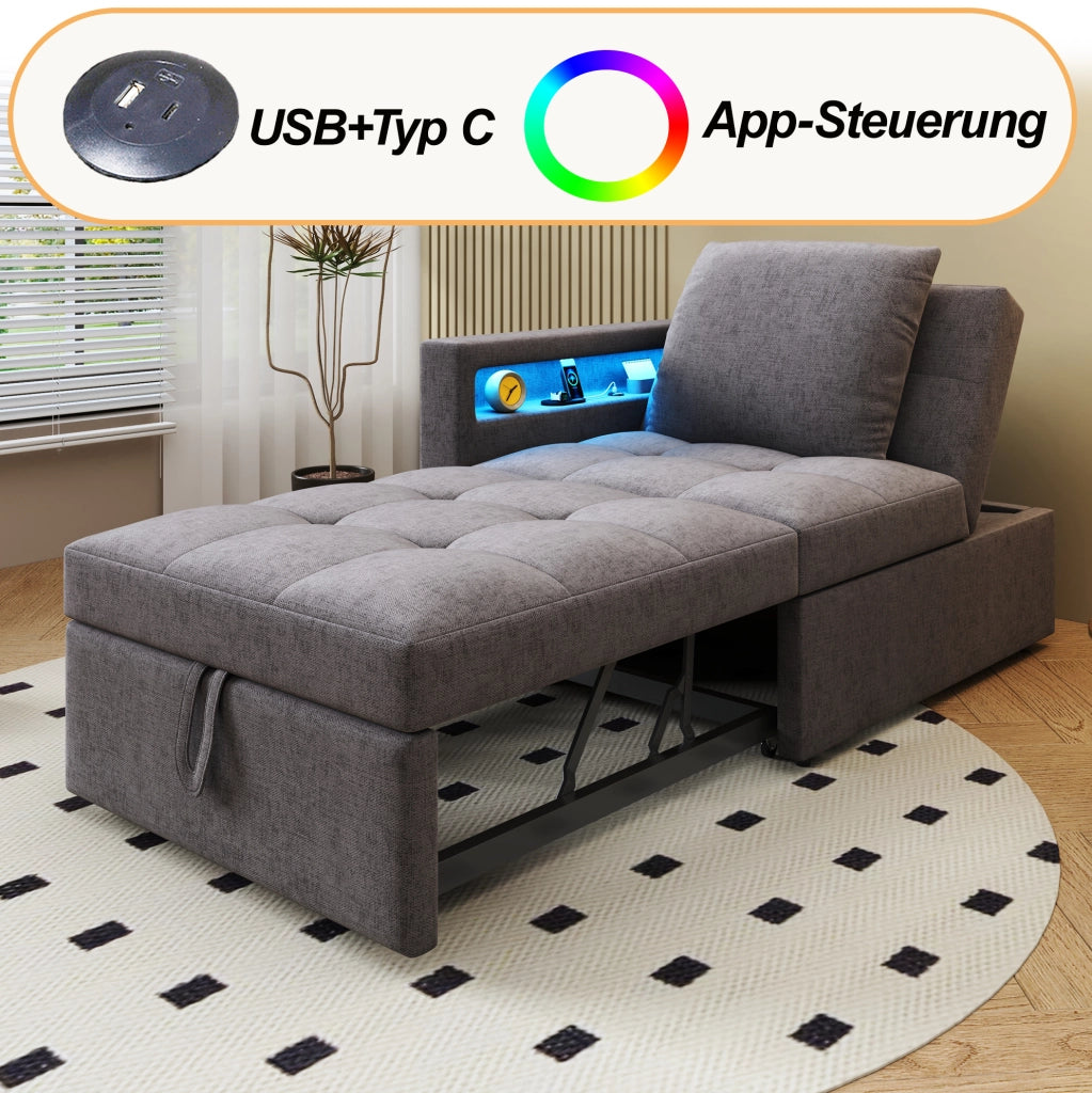 Divano letto trasformabile 3 in 1 grigio scuro con LED e porte USB