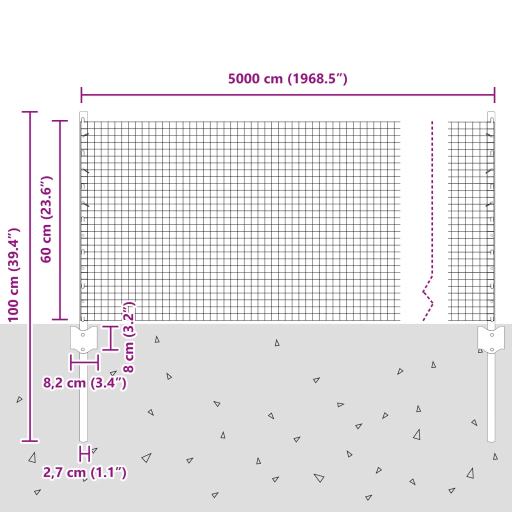 Recinzione in filo saldato con 22 post U argento 0,6x50 m acciaio