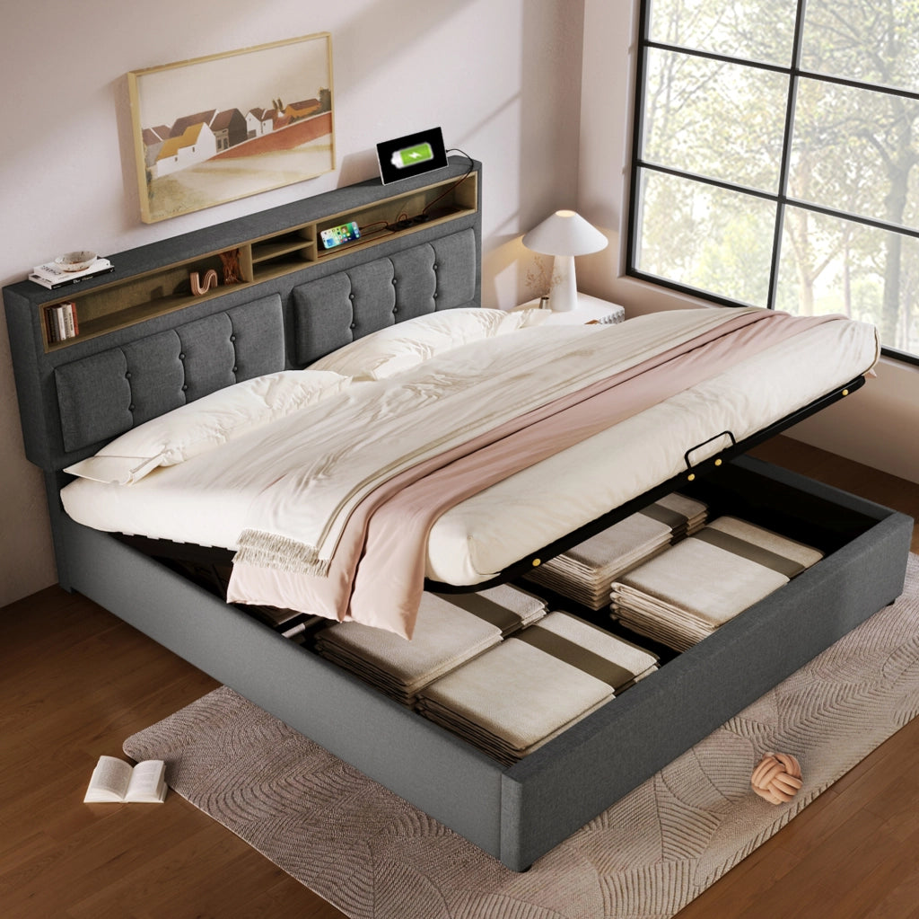 Letto imbottito 140x200 con testiera regolabile, USB e contenitore