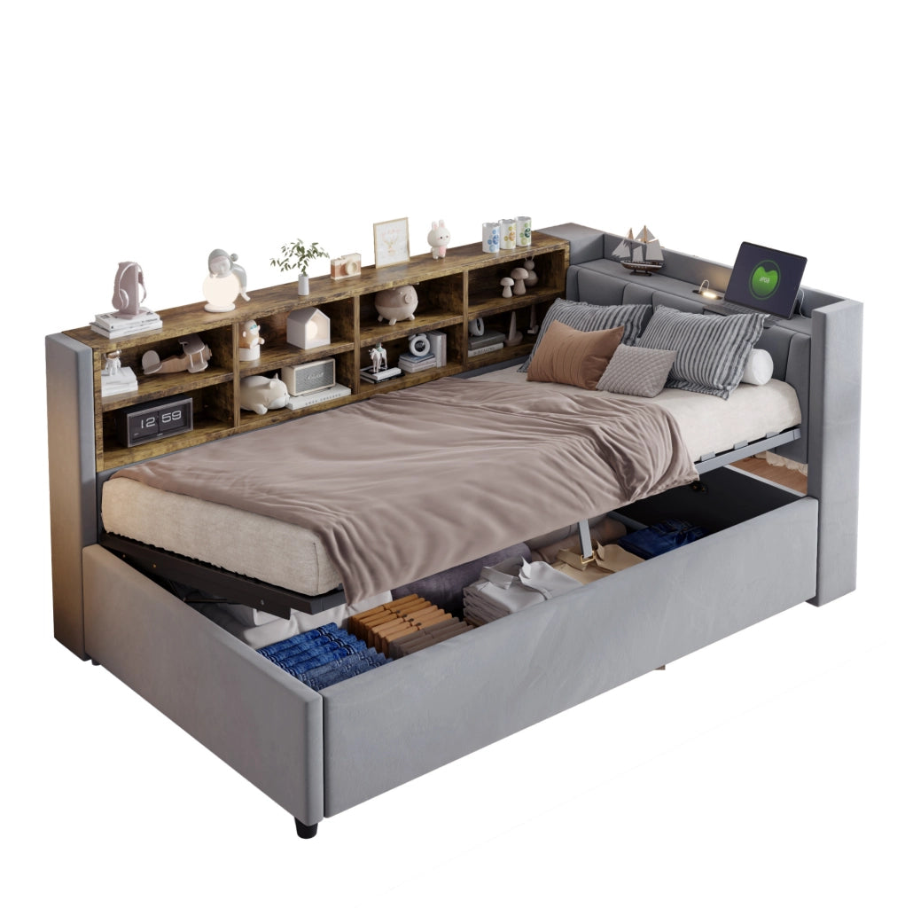 Letto imbottito 90x200 cm grigio chiaro velluto con contenitore idraulico