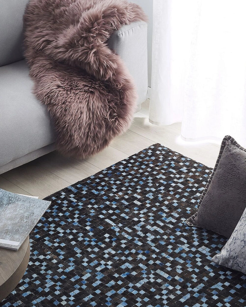 Tappeto tappetino Marrone e Blu in Vera Pelle di Vacchetta Rettangolare 140 x 200 cm Patchwork Boho Decor