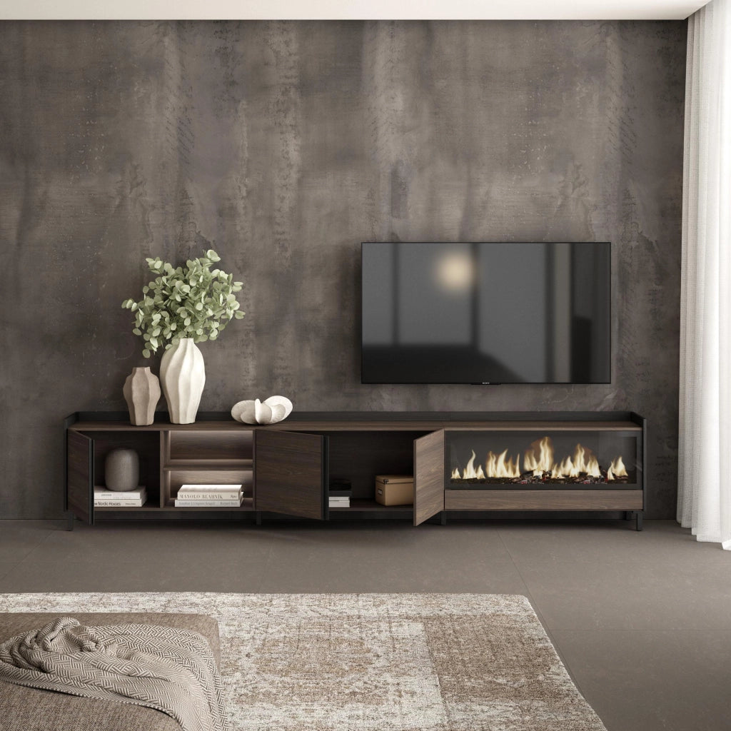 Mobile TV Soggiorno, 315x61x35 cm, Per TV fino a 80", Camino elettrico XXL, Design industriale, LED, Rovere scuro e Nero