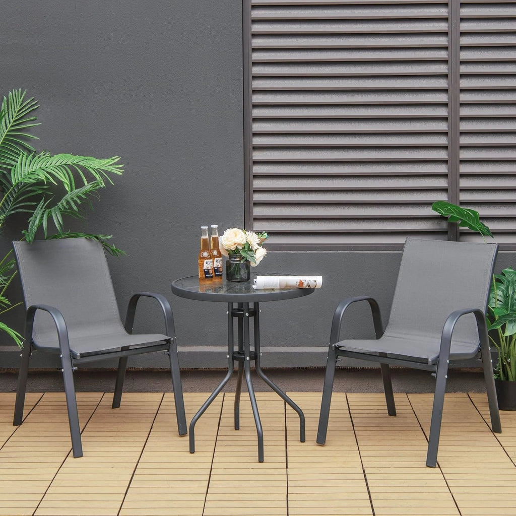 Set da Bistrò in Tessuto Textilene, Set da Giardino in 3 Pezzi, Tavolo Rotondo in Vetro Portato 50 kg, Sedie Portate 150 kg, Set Tavolo e Sedie da Esterno, Patio, Cortile, Veranda (Nero)