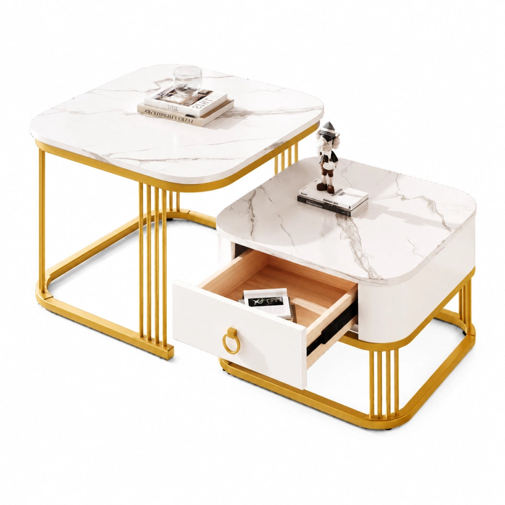Tavolini da salotto 60x60x45+50x50x34 cm; design impilabile; effetto marmo lucido; MDF bianco