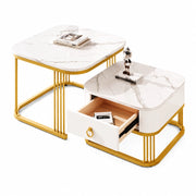 Tavolini da salotto 60x60x45+50x50x34 cm; design impilabile; effetto marmo lucido; MDF bianco