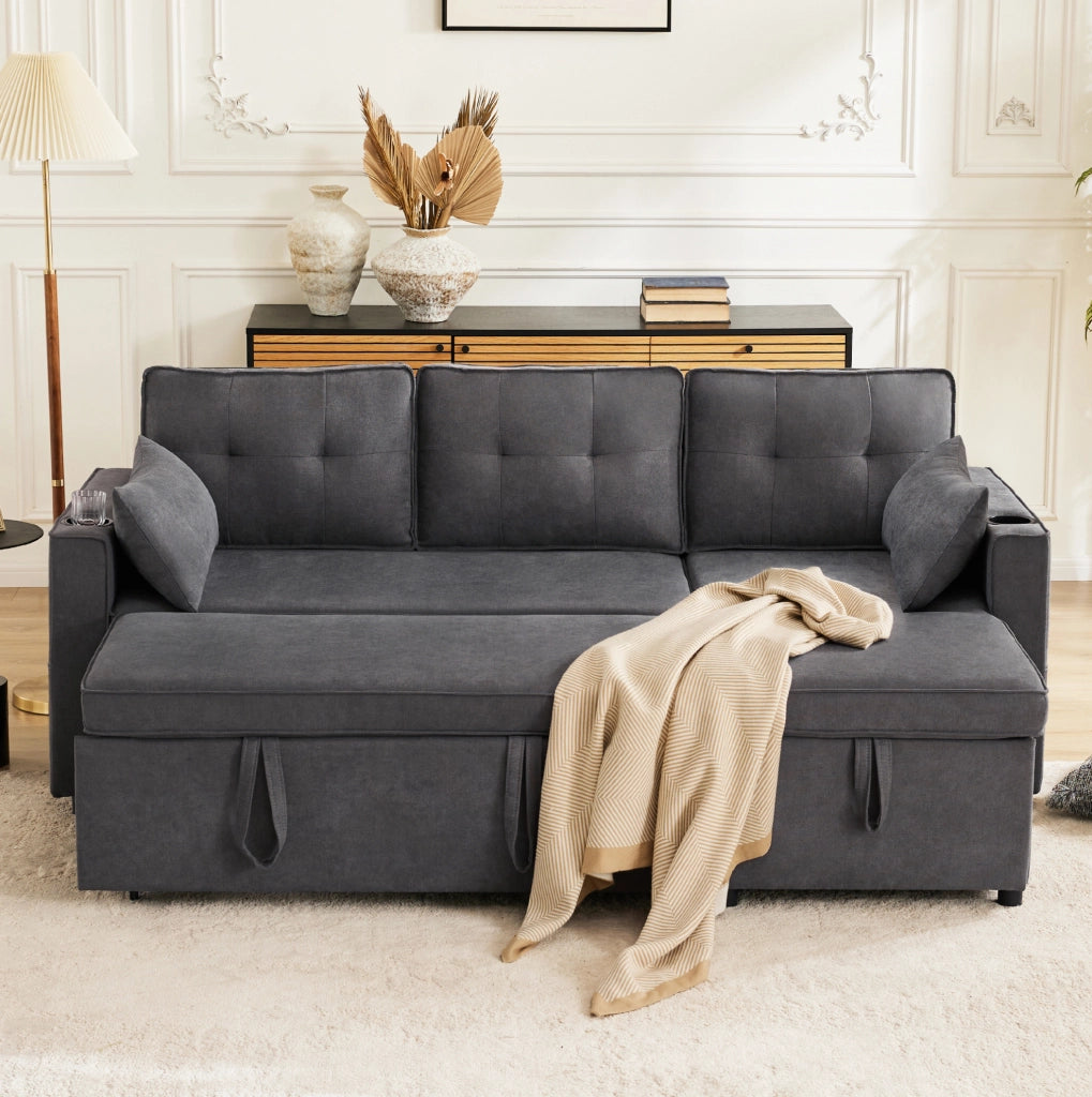 Divano letto con chaise longue reversibile; contenitore e portabicchieri in cotone e lino grigio