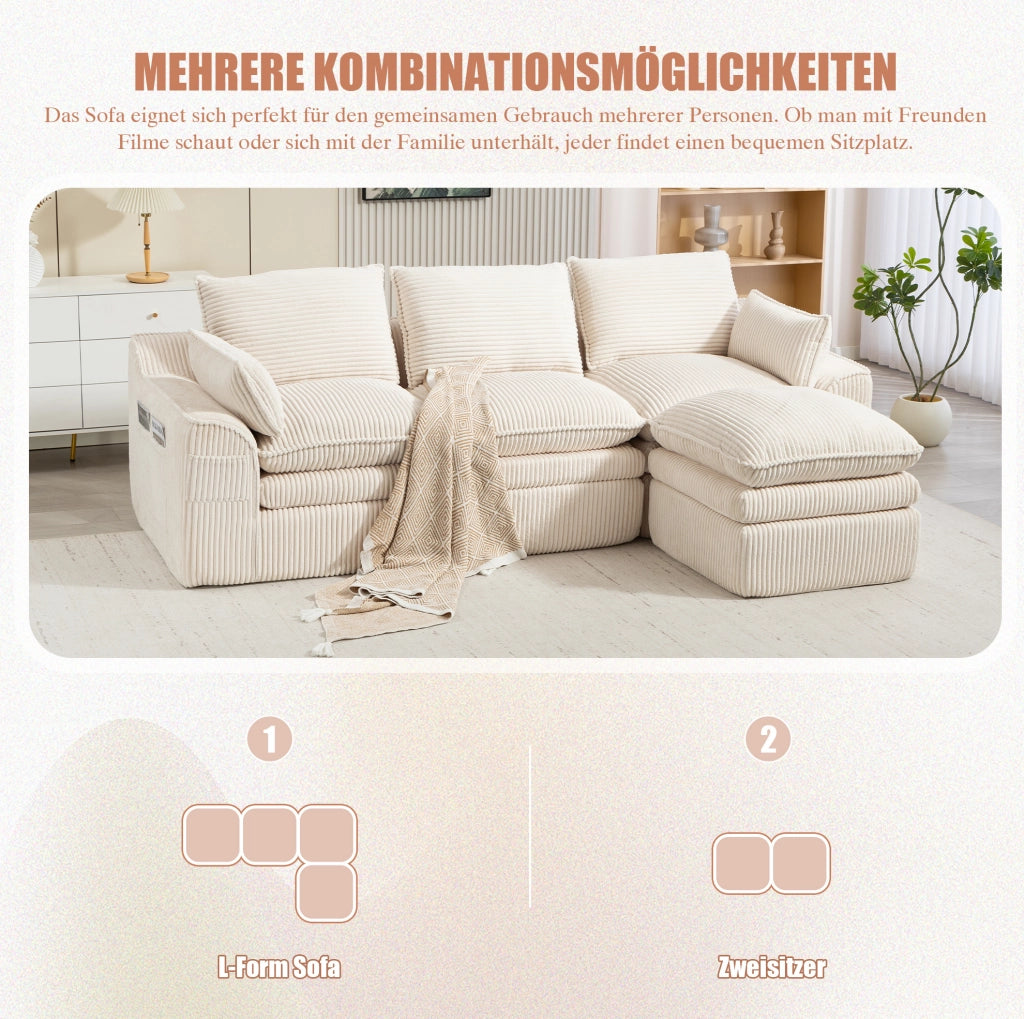 Divano modulare in velluto a coste beige con pouf; tasche laterali e cuscini; 263 x 167 x 85 cm