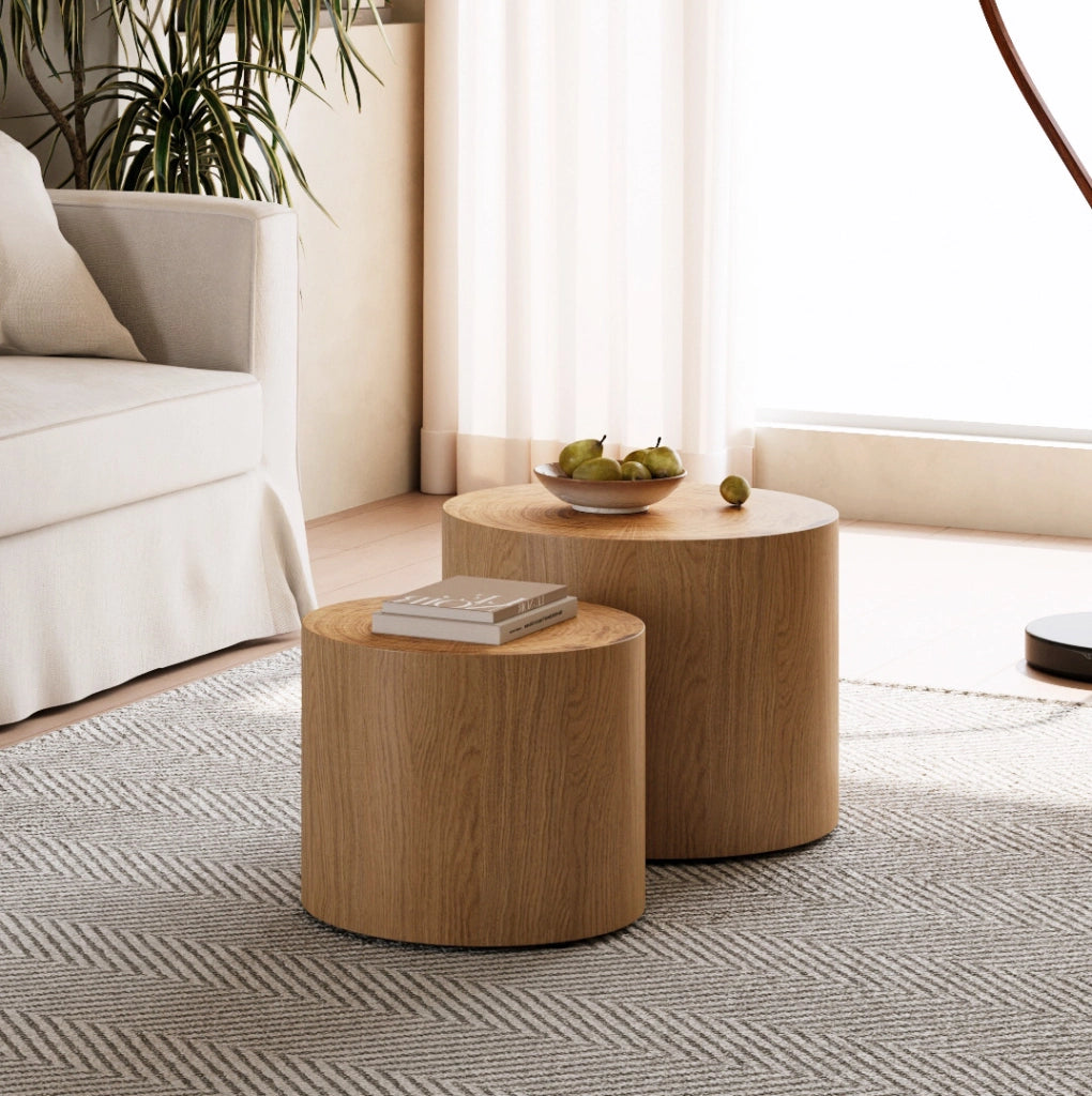 Set di 2 tavolini rotondi 48 e 38 cm legno naturale; MDF impilabili
