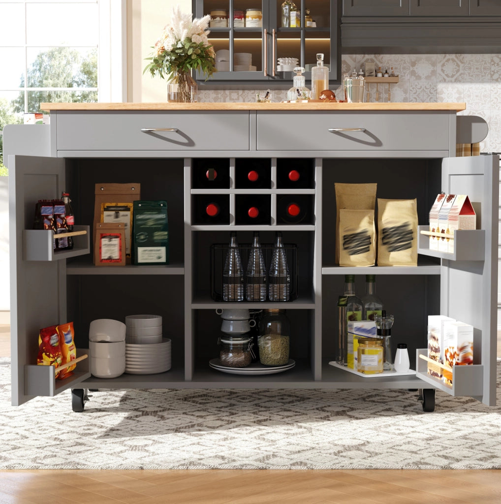 Isola da cucina mobile grigia 102x45x92 cm con portabottiglie
