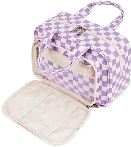 Borse da toeletta grandi per donne & grande borsa cosmetica, borse da toeletta per donne, borse da make-up per uomini & borse da toeletta grandi per bambini (scacchiera azzurra)