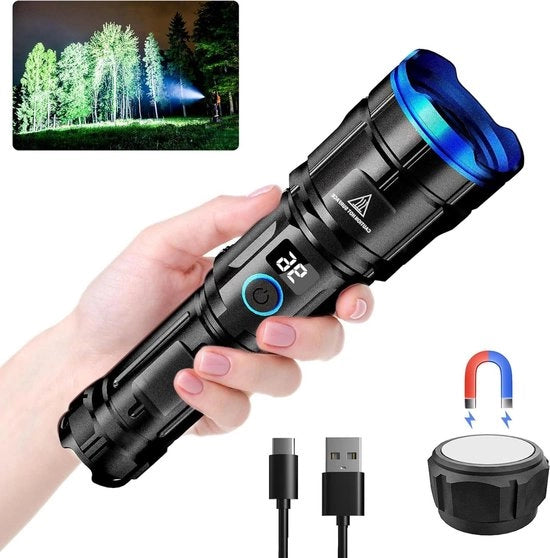 Zaklamp Portatile a LED 10.000 lumen - Lampada tattica estremamente luminosa con funzione di ingrandimento - 7 modalità - IPX6 impermeabile all'acqua - Magnetico - Ideale per campeggiare, escursioni, outdoor, pesca, emergenze