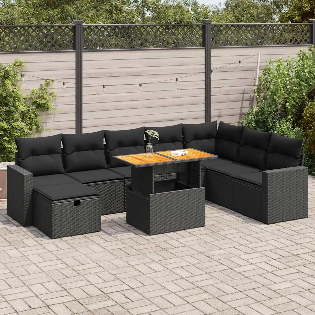 vidaXL Set Divani da Giardino 9 pz con Cuscini Nero Polyrattan Acacia