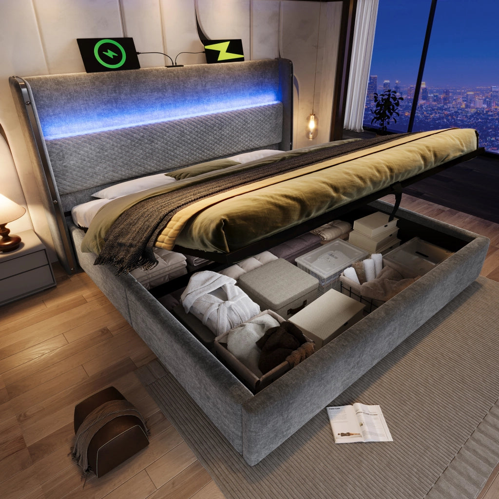 LETTO Contenitore 140x200 cm in lino grigio con materasso incluso