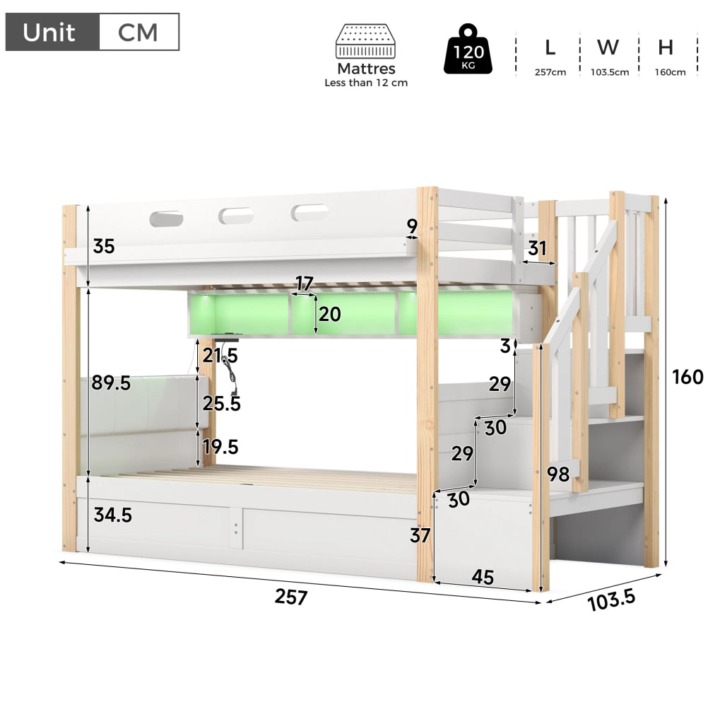 Letto a castello con contenitore idraulico, scala contenitiva e LED