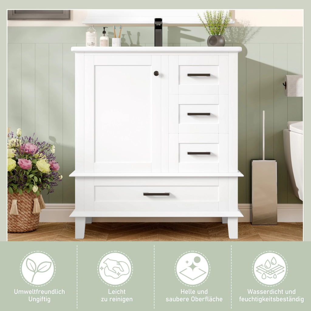 Mobile sottolavabo con lavabo in ceramica, 3 cassetti e ripiano interno, per bagno, bianco, 76 × 46 × 83,5 cm