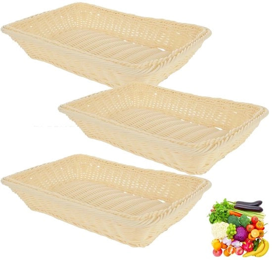 Tre cassonetti per pane, cassettone per pane intrecciato, cassettone per conservazione, rettangolare, intrecciato, cassettone multifunzionale, cassettone per giardino, materiale polipropilene, per ristoranti, frutta, negozi, casa (35 x 25 x 7 cm, crema)