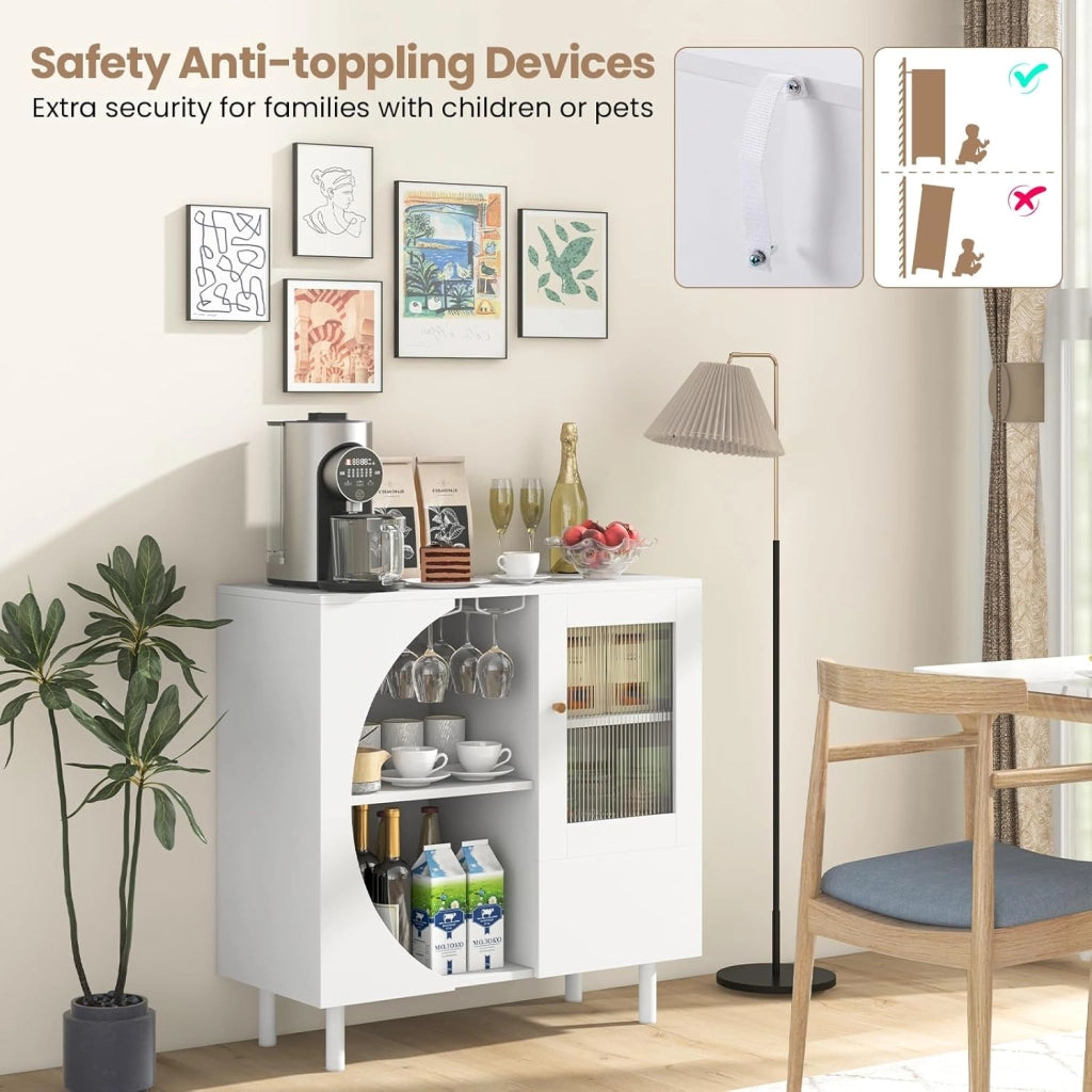 Mobiletto Moderno da Cucina, Credenza con Porta Calici, 2 Ripiani Aperti, Anta in Vetro Temperato, Cassetto, Mobile Bar Salvaspazio in Legno per Cucina, Sala da Pranzo, Soggiorno, Bianco