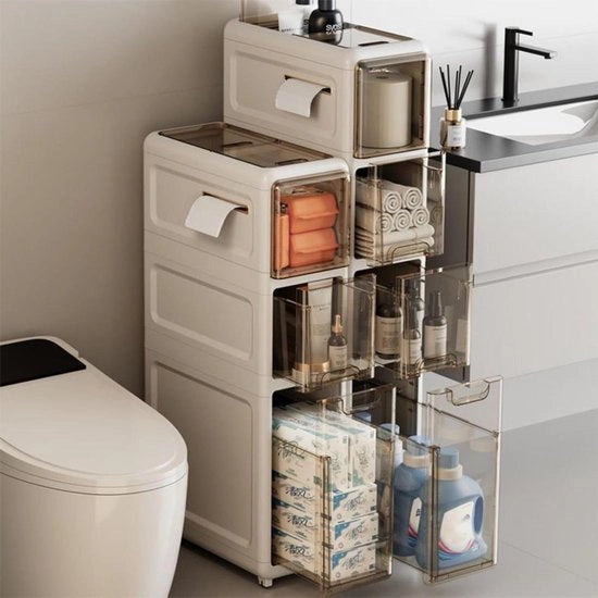 Sistema di archiviazione verticale per bagno a 3 livelli con cassetti trasparenti e ruote - 19 cm di larghezza - per camera da letto, soggiorno, bagno e armadietto bagno alto