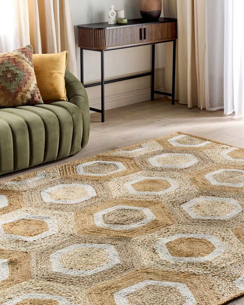 Tappeto corridoio in iuta beige intrecciato a mano con motivo geometrico 200 x 300 cm ingresso stile boho rustico