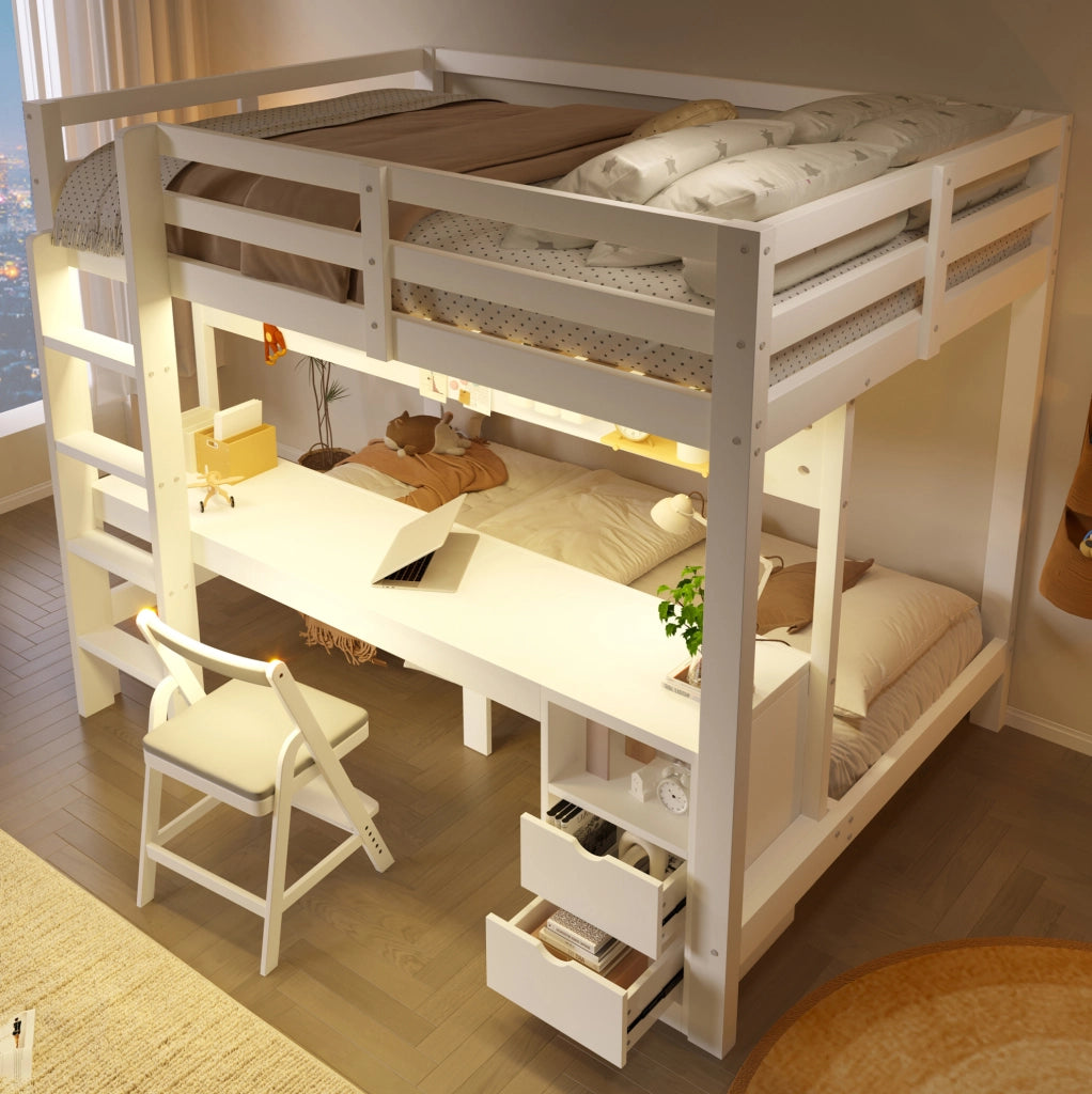Letto a castello con scrivania, cassetti e luce LED 140x200/90x200