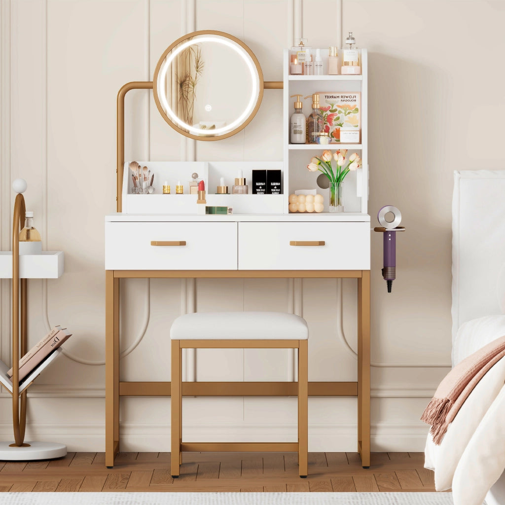 TOELETTA 80x40x138,5 cm con specchio LED, bianco/oro con sgabello