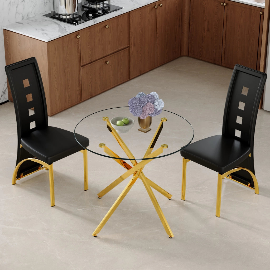 Tavolo da pranzo rotondo in vetro temperato con 2 sedie in PU e metallo, nero e oro, diametro 88 cm