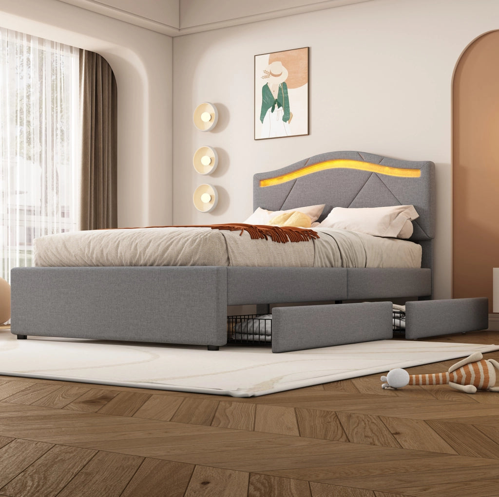 LETTO con LED e 2 cassetti 90x200 cm Lino e MDF Grigio