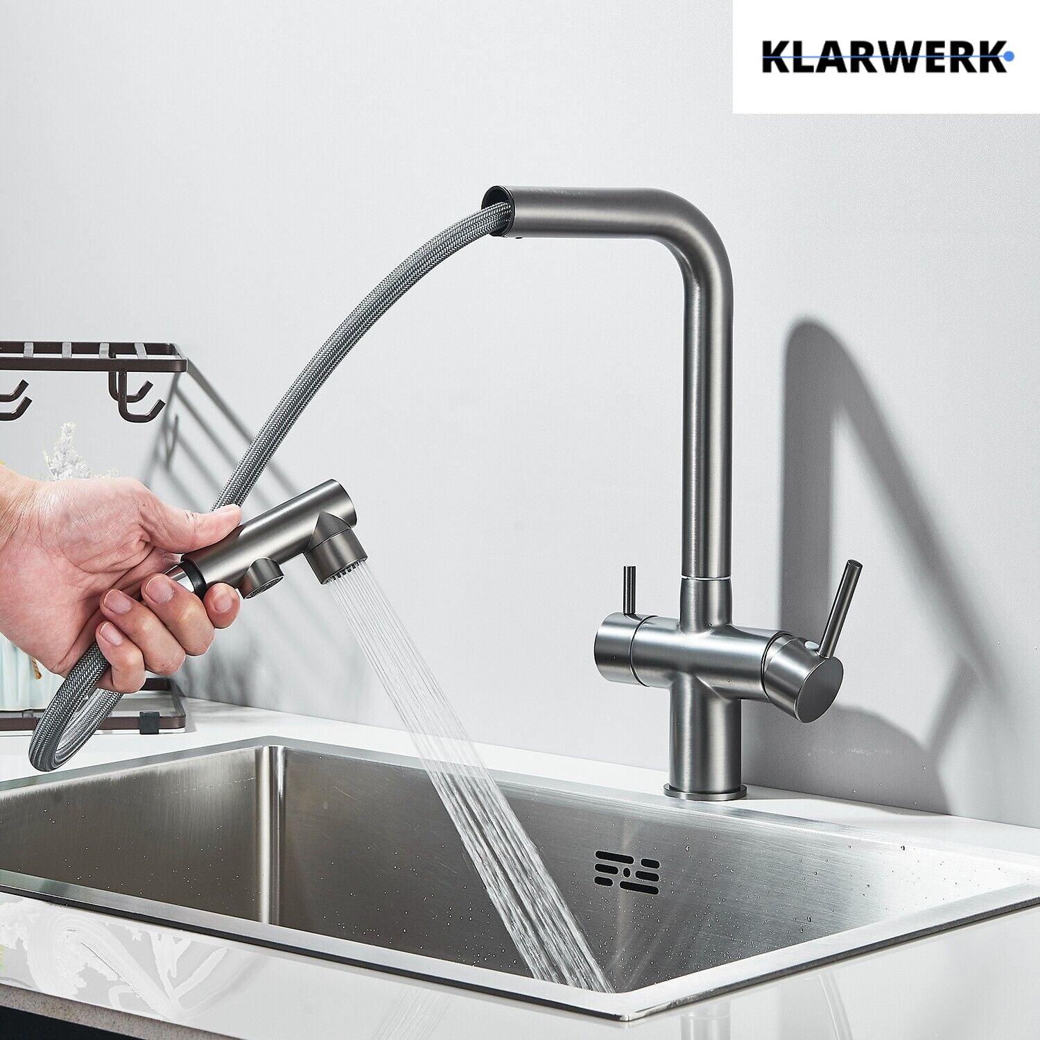 Felix | miscelatore estraibile 3 vie premium grigio titanio opaco | rubinetto da cucina a osmosi in acciaio inox| 360 gradi rotabile filtro 3 attacchi