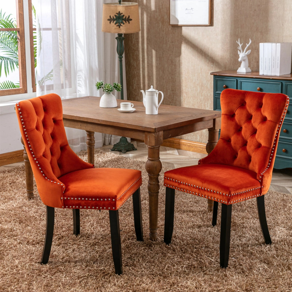 Sedie da Pranzo Imbottite in Velluto con Gambe in Legno ¨C MINIMAL ¨C Set 2 Pezzi, Arancione