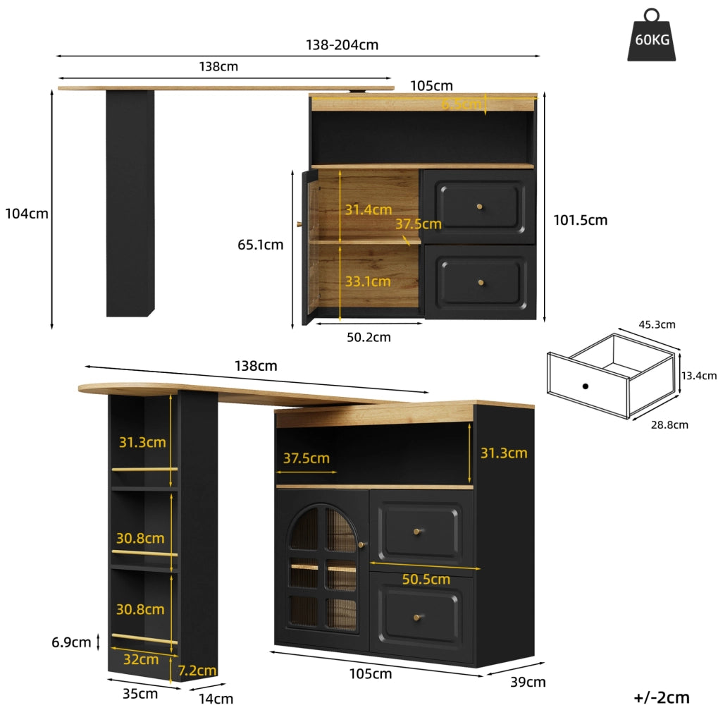 Mobile bar girevole ed estensibile 138-204 cm nero
