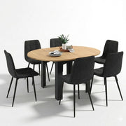 Tavolo da Pranzo Rotondo allungabile Dona Nero con Piano Effetto faggio 110-150 cm e 6 sedie Mila in Velluto Nero