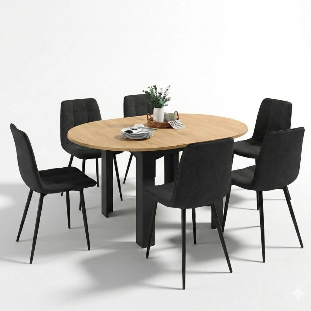 Tavolo da Pranzo Rotondo allungabile Dona Nero con Piano Effetto faggio 110-150 cm e 6 sedie Mila in Velluto Nero