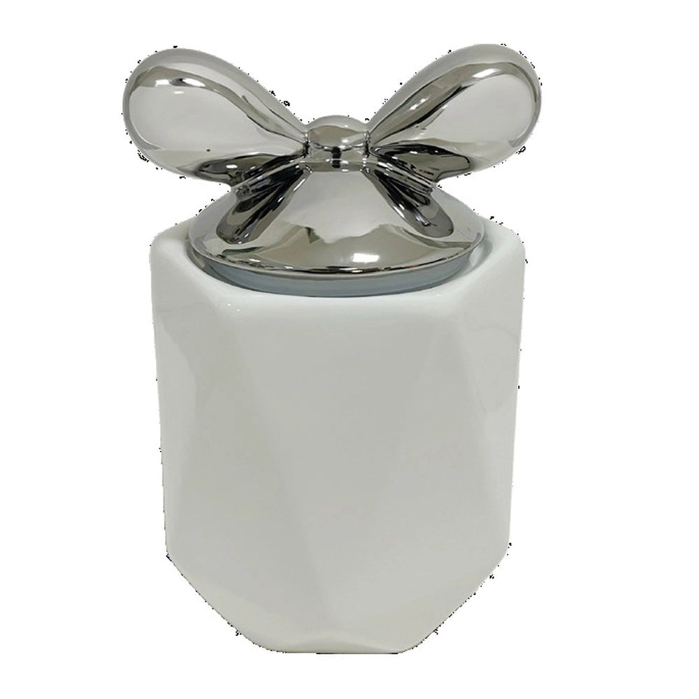 1 Pezzo Barattolo da Cucina in Porcellana con Fiocco Bianco e Argento 2700 ml