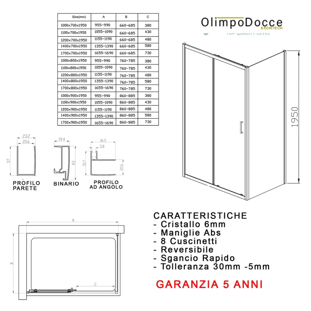 Box doccia 2 lati scorrevole e 1 lato fisso matias, misura 80x100