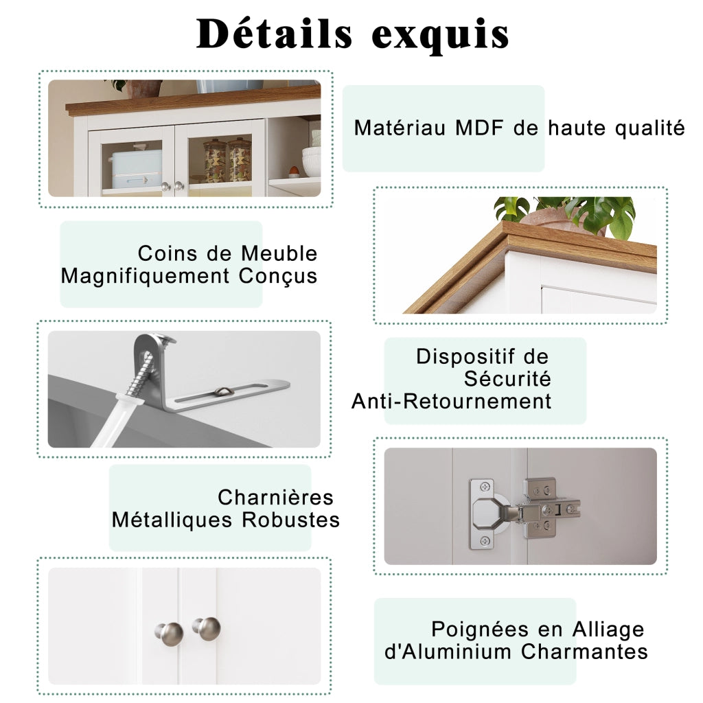 Credenza Alta da Cucina con Vetrina; 3 Ripiani Regolabili e LED; in MDF; Bianco; 104 x 40 x 180 cm