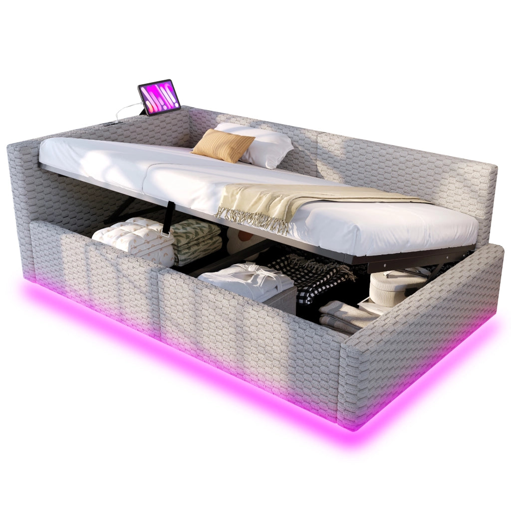 Letto imbottito singolo 90×200 cm con contenitore; LED; USB e Type-C; senza materasso; velluto grigio