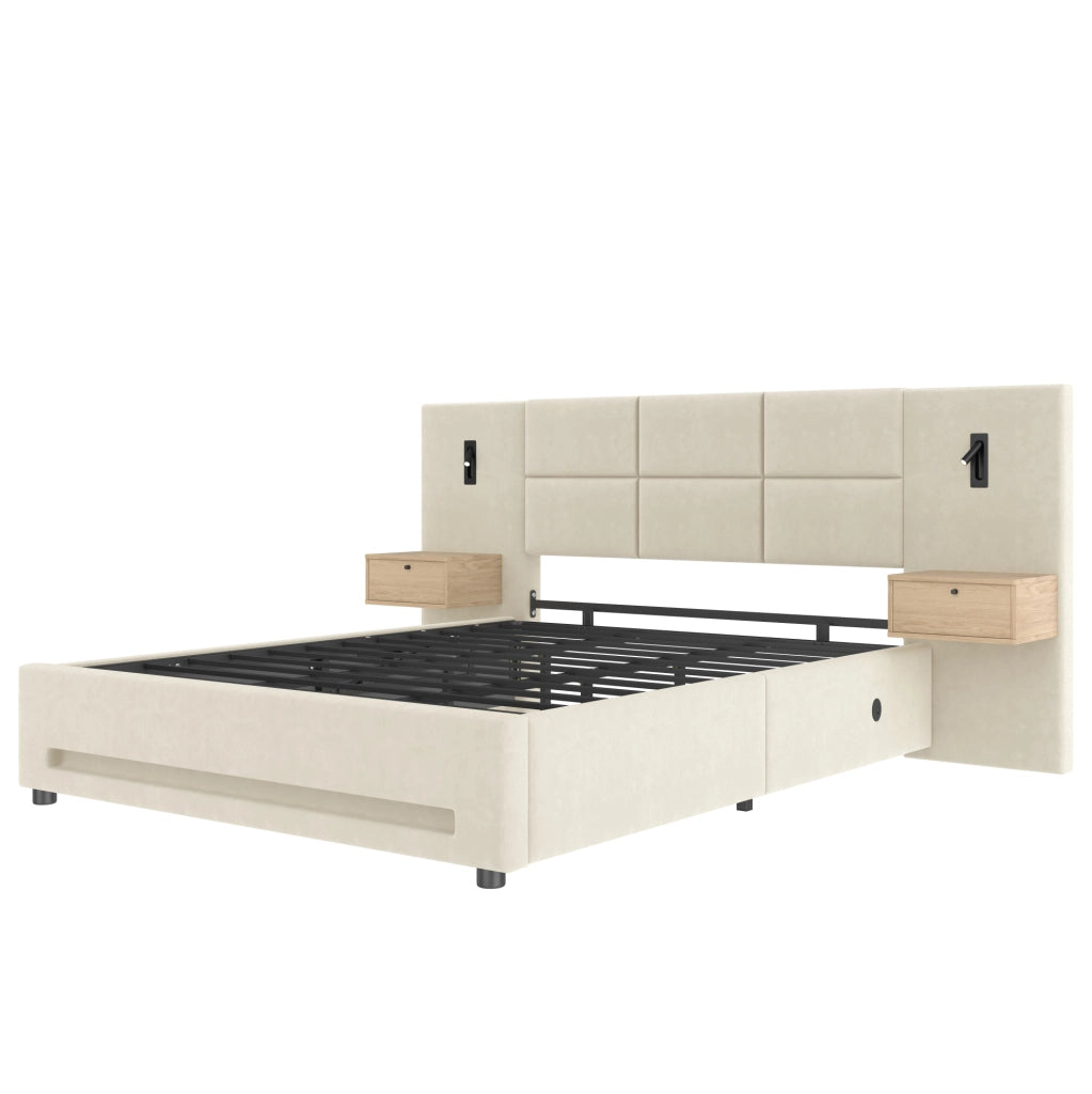 Letto imbottito 180x200 cm con contenitore; USB-C e LED in velluto beige