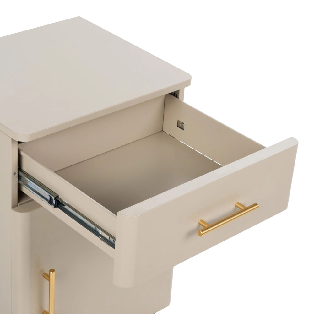 Comodino in acciaio beige con cassetto, angoli arrotondati e maniglie dorate