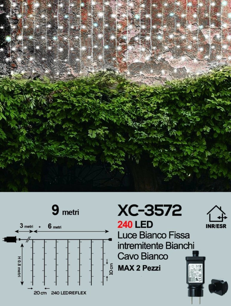 Tenda Luminosa natalizia luci a LED di Natale 6x0,8m 240 a Luce Bianca fredda e Flash Bianco Freddo Prolungabile max 2 unità