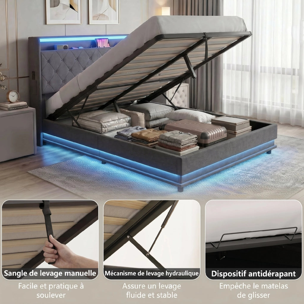Letto contenitore imbottito con testiera e luce LED ¨C zephmum ¨C 140x190 cm grigio con contenitore idraulico