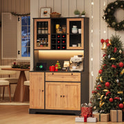 Mobile dispensa con LED; prese integrate e portabottiglie 105x40x180 cm nero e naturale