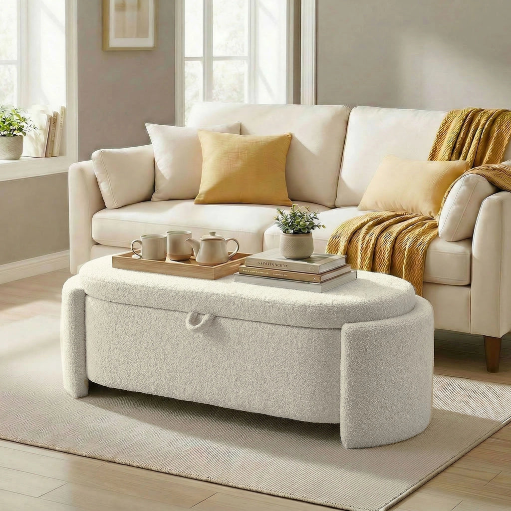 Pouf contenitore ovale imbottito in tessuto ¨C zephmum ¨C crema 129x48.5x44 cm