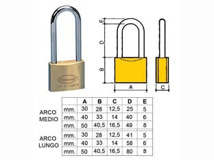 LUCCHETTO OTTONE ARCO LUNGO 2700- - mm.50 arco lungo (2790) - 6 pezzi POTENT