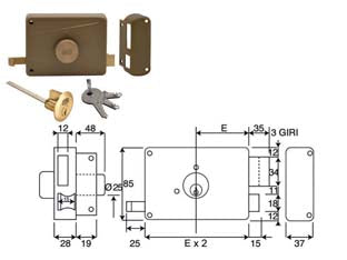 SERRATURA DA PORTONCINO APPLICARE C/POMOLO CILINDRO STACCATO 3 MANDATE- - mm.50 DX (330B) - 1 pezzi WALLY
