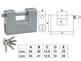LUCCHETTO RETTANGOLARE MONOBLOCCO IN ACCIAIO 300- - mm.94 (300-94S) - 1 pezzi WALLY