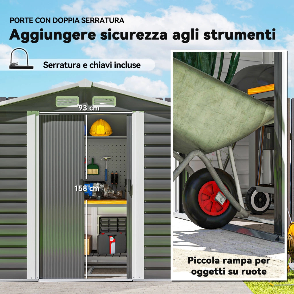Casetta Box da Giardino Porta Attrezzi 213x120x166-194 cm con Porte Scorrevoli e Lucchetto con Chiavi in Metallo Grigio