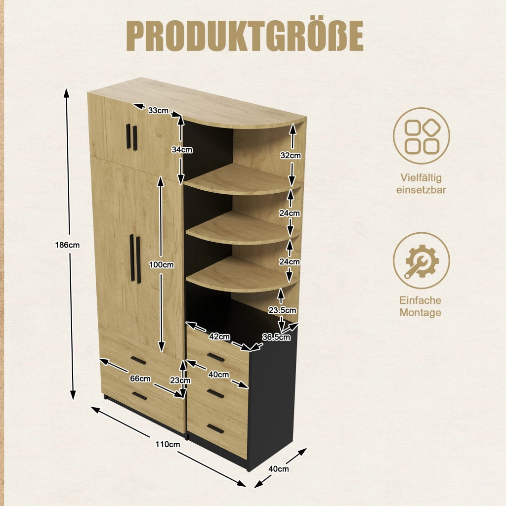 Armadio con 2 ante; 5 cassetti e bastone - per camera da letto - MDF - naturale e nero