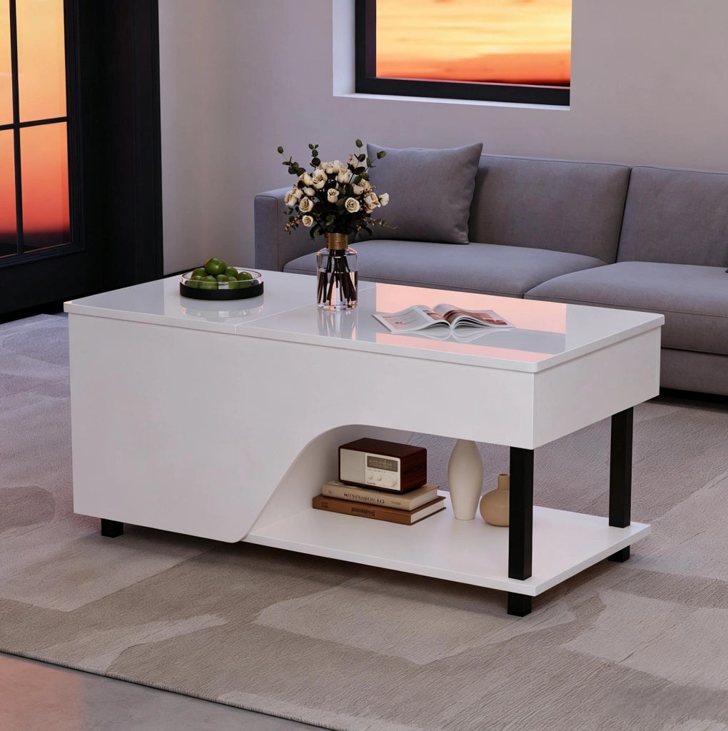 Tavolino da caffè bianco regolabile con vano nascosto e LED, 100 cm